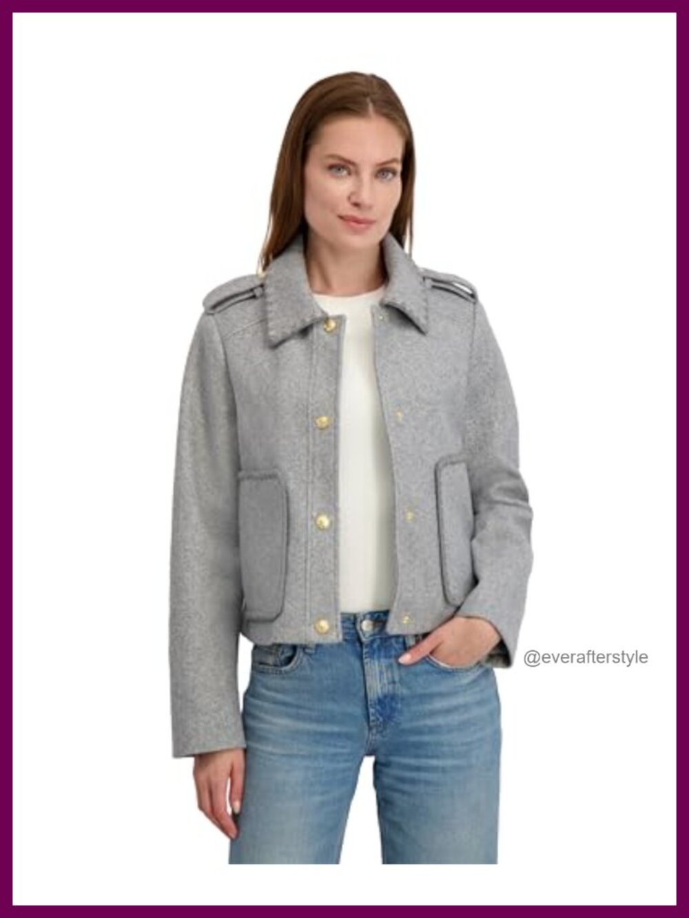 Faux Wool Cropped Jacket Blanket Stitch Snap Front Epaulets